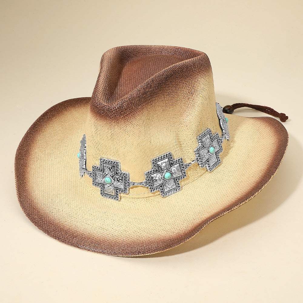 Western Turquoise Stone Accent Cross Concho Buckle Band Cowboy Fedora Hat - Madeline Love - Flyclothing LLC