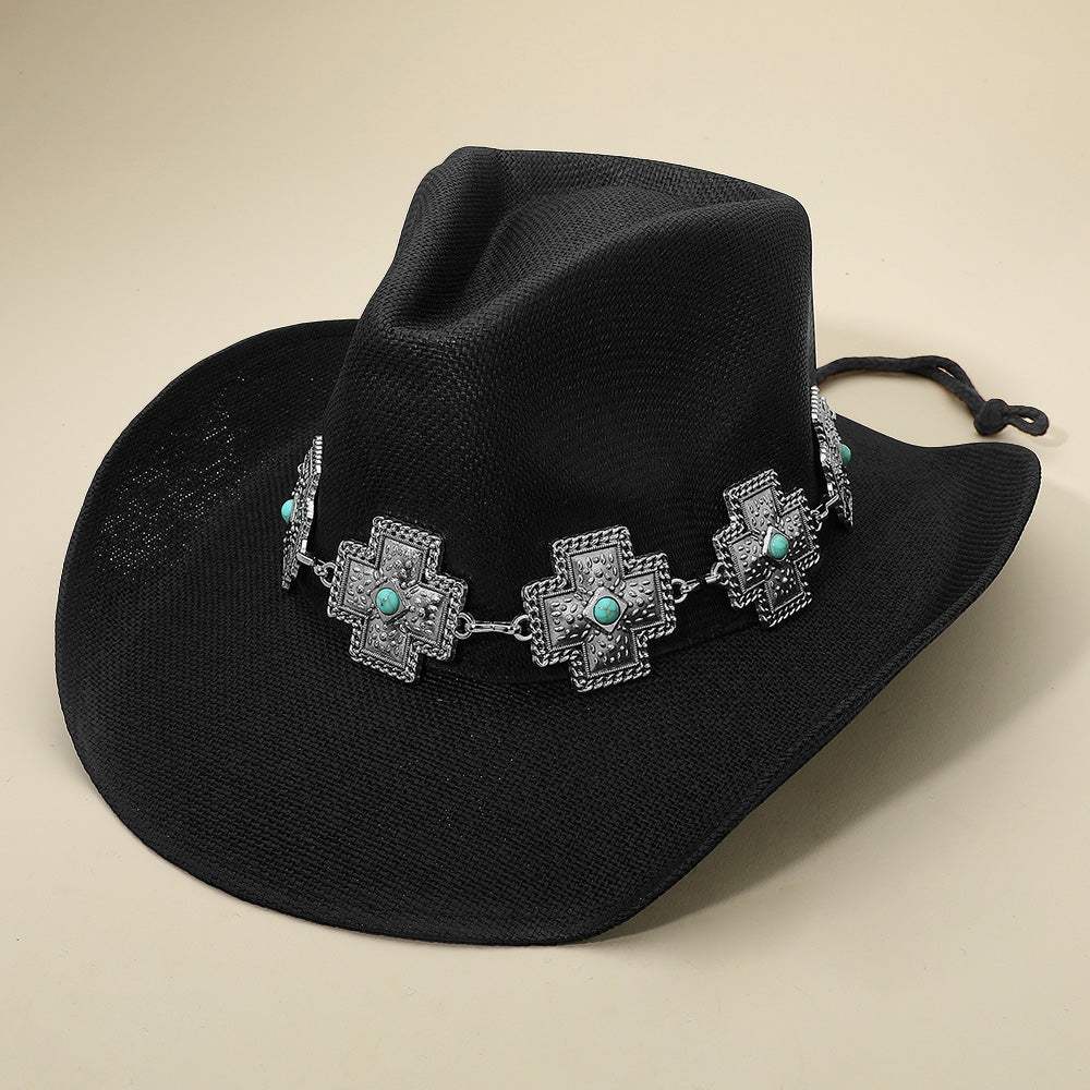 Western Turquoise Stone Accent Cross Concho Buckle Band Cowboy Fedora Hat - Madeline Love - Flyclothing LLC
