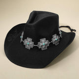 Western Turquoise Stone Accent Cross Concho Buckle Band Cowboy Fedora Hat - Madeline Love - Flyclothing LLC