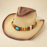Western Oval Turquoise Concho Buckle Wooden Beaded Band Cowboy Fedora Hat - Madeline Love - Flyclothing LLC