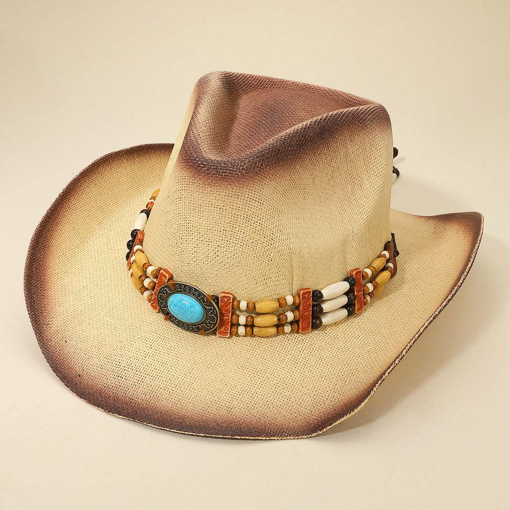 Western Oval Turquoise Concho Buckle Wooden Beaded Band Cowboy Fedora Hat - Madeline Love - Flyclothing LLC