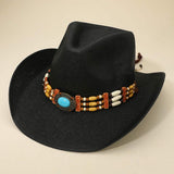 Western Oval Turquoise Concho Buckle Wooden Beaded Band Cowboy Fedora Hat - Madeline Love - Flyclothing LLC