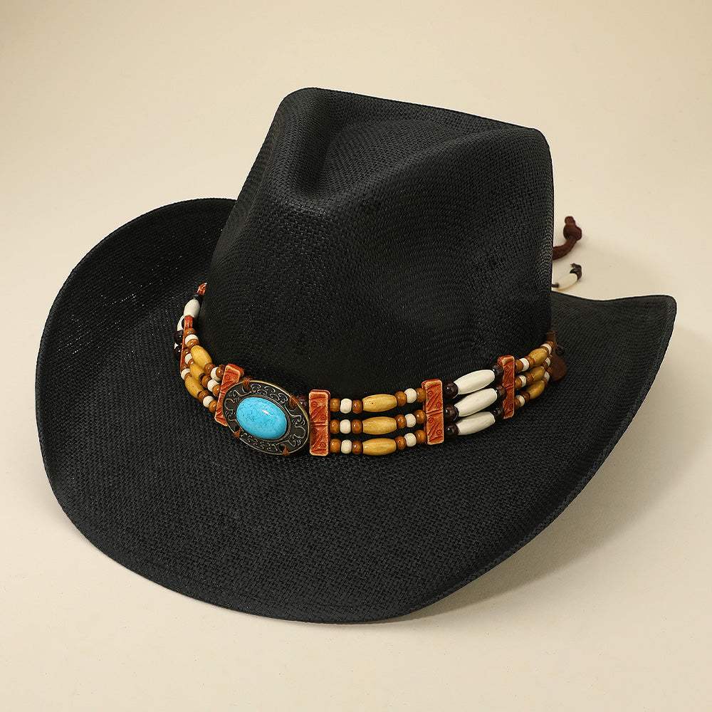 Western Oval Turquoise Concho Buckle Wooden Beaded Band Cowboy Fedora Hat - Madeline Love - Flyclothing LLC
