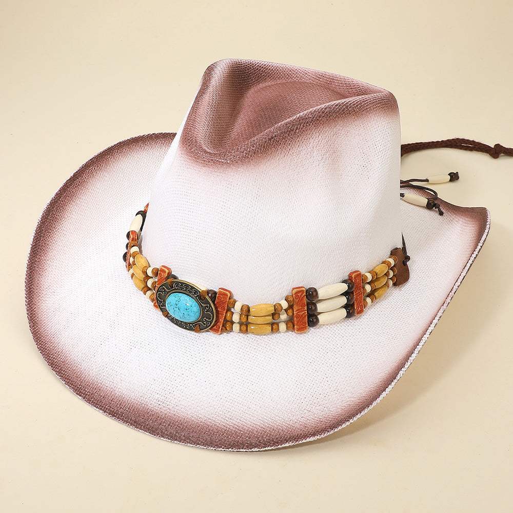 Western Oval Turquoise Concho Buckle Wooden Beaded Band Cowboy Fedora Hat - Madeline Love - Flyclothing LLC