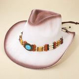 Western Oval Turquoise Concho Buckle Wooden Beaded Band Cowboy Fedora Hat - Madeline Love - Flyclothing LLC