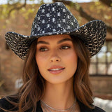 Wide Brim Distressed Sequin Pattern Cowboy Fedora Hat - Madeline Love - Flyclothing LLC