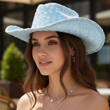 Wide Brim Distressed Sequin Pattern Cowboy Fedora Hat - Madeline Love - Flyclothing LLC