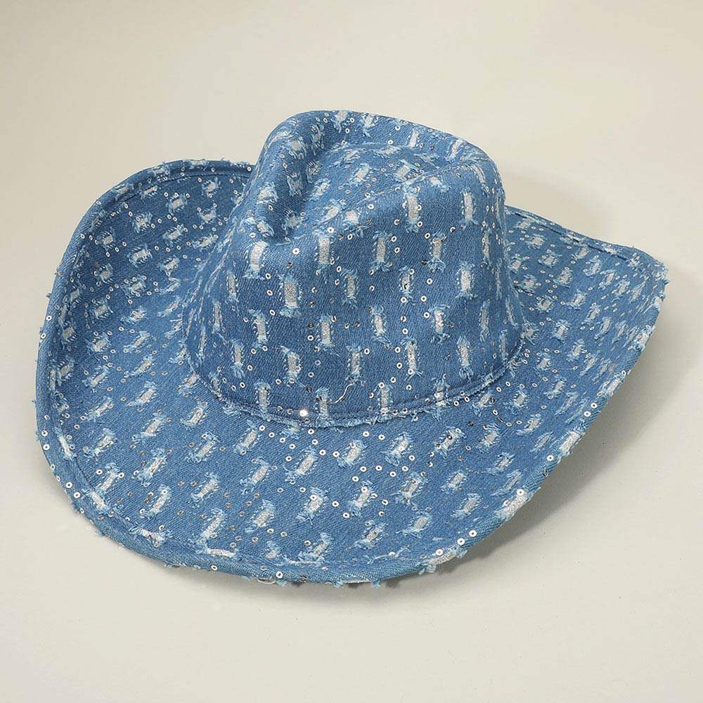 Wide Brim Distressed Sequin Pattern Cowboy Fedora Hat - Madeline Love - Flyclothing LLC