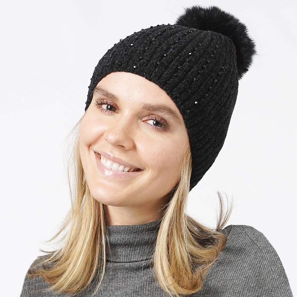 Stone Embellished Chenille Pom Pom Beanie Hat - Madeline Love - Flyclothing LLC