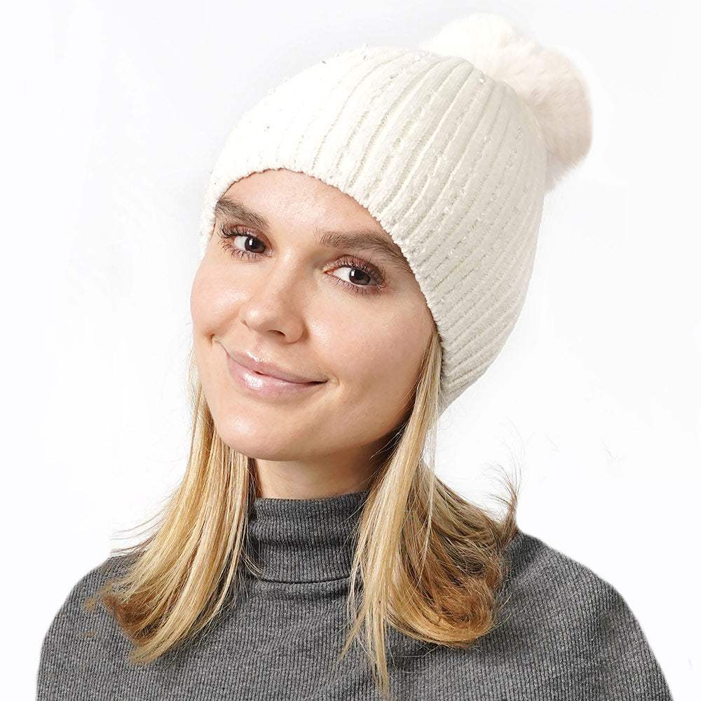 Stone Embellished Chenille Pom Pom Beanie Hat - Madeline Love - Flyclothing LLC