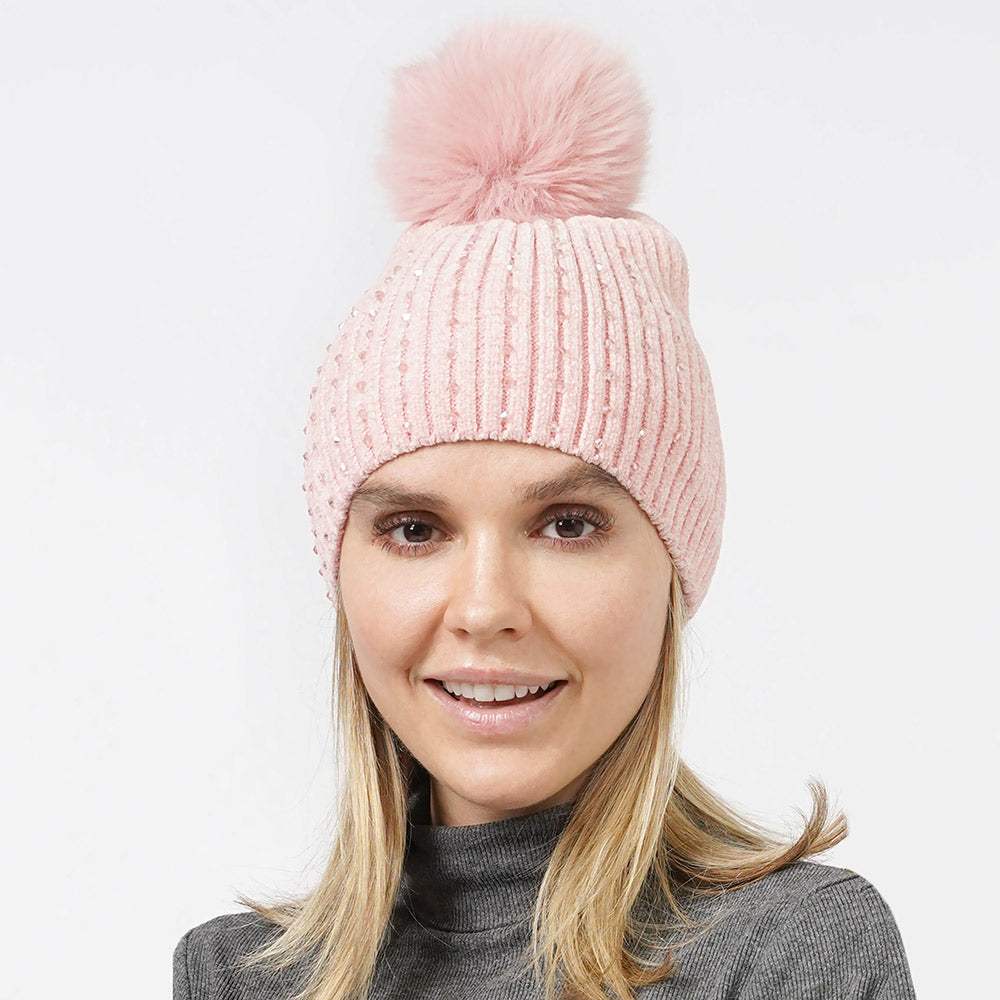 Stone Embellished Chenille Pom Pom Beanie Hat - Madeline Love - Flyclothing LLC