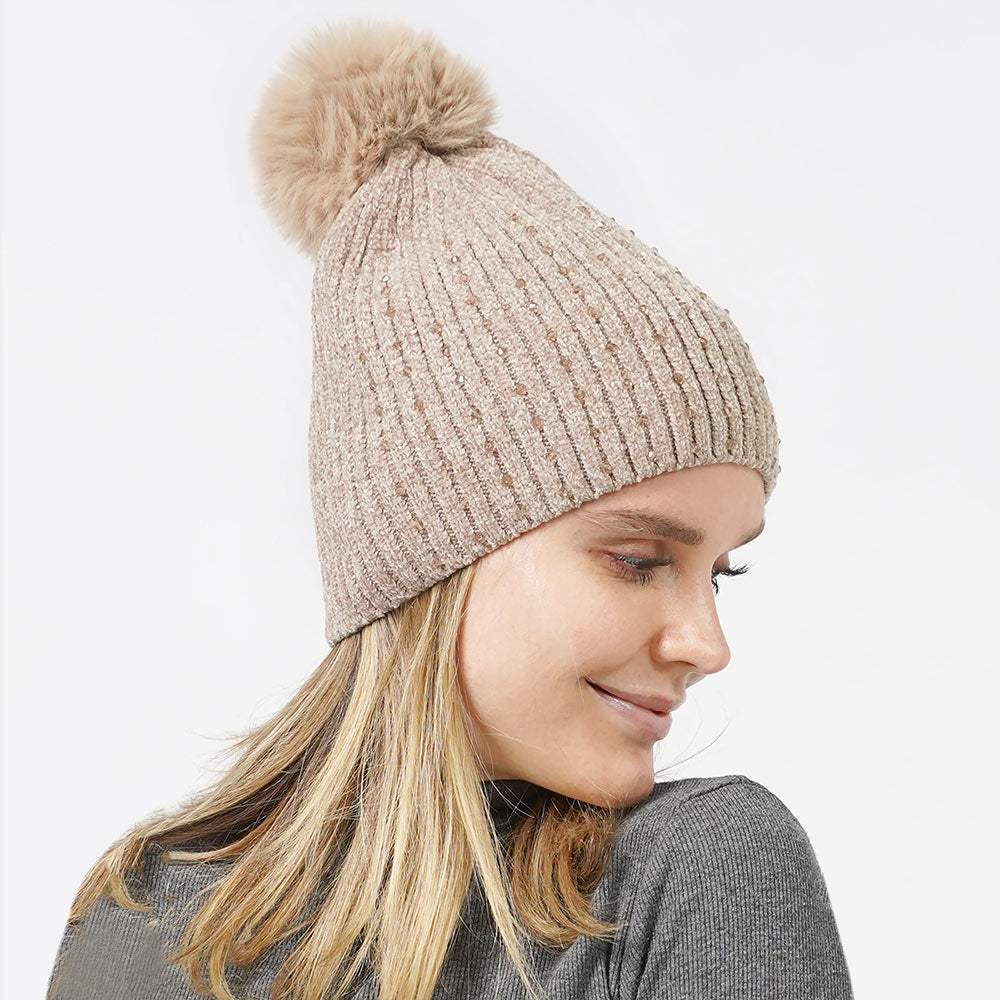 Stone Embellished Chenille Pom Pom Beanie Hat - Madeline Love - Flyclothing LLC