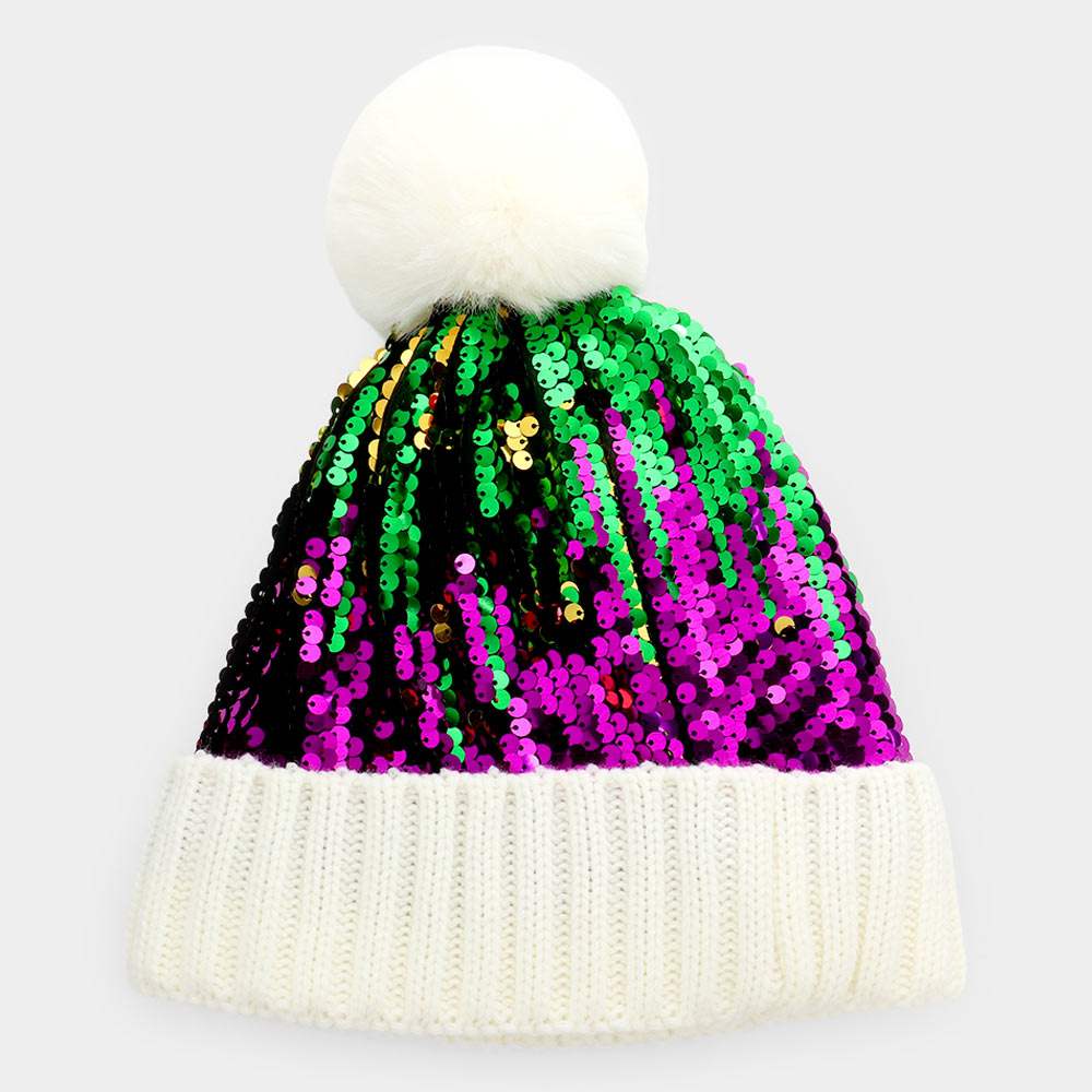 Mardi Gras Sequin Pom Pom Beanie Hat - Madeline Love - Flyclothing LLC