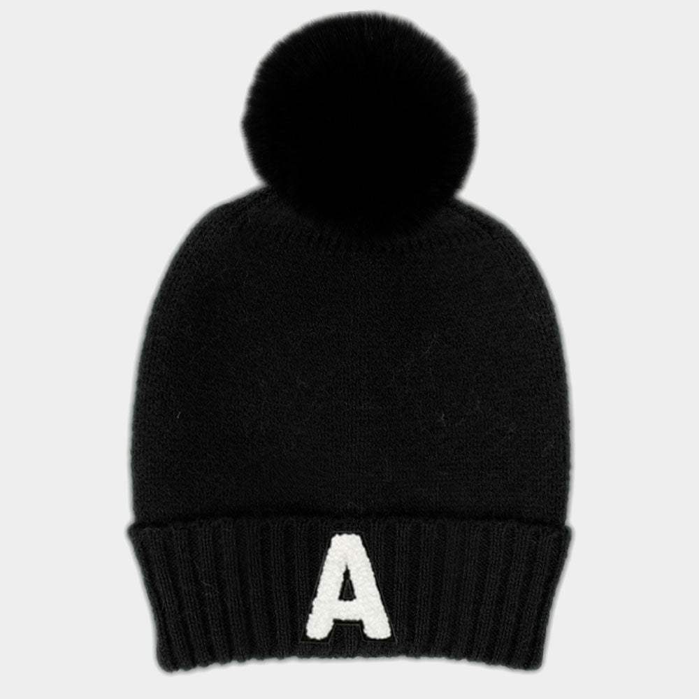 -A- Initial Monogram Faux Fur Pom Pom Knit Beanie Hat - Madeline Love - Flyclothing LLC