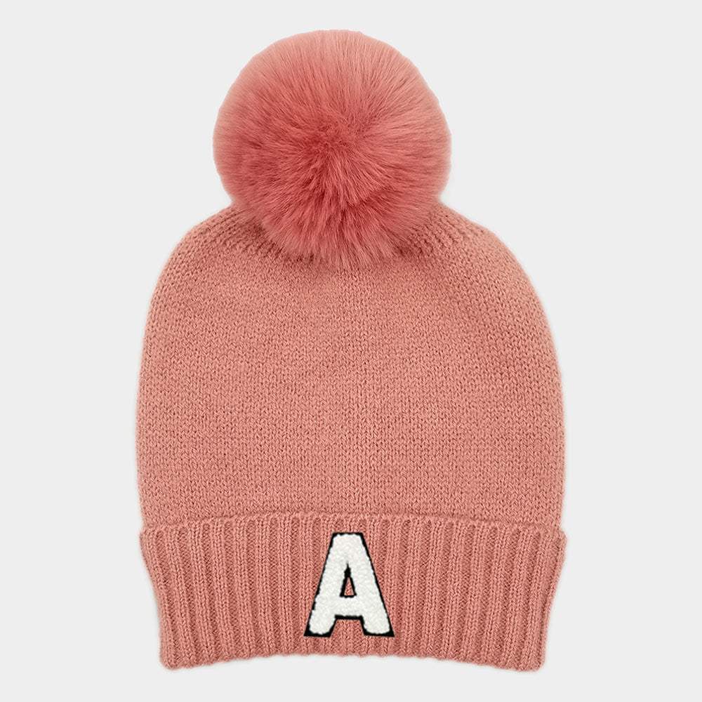 -A- Initial Monogram Faux Fur Pom Pom Knit Beanie Hat - Madeline Love - Flyclothing LLC