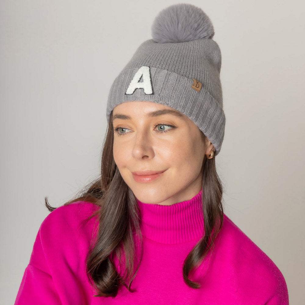 -A- Initial Monogram Faux Fur Pom Pom Knit Beanie Hat - Madeline Love - Flyclothing LLC