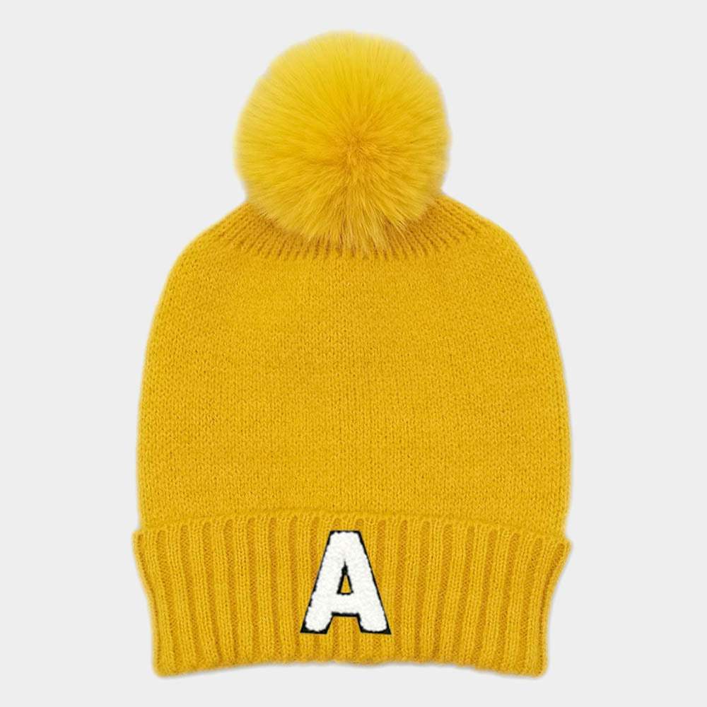 -A- Initial Monogram Faux Fur Pom Pom Knit Beanie Hat - Madeline Love - Flyclothing LLC