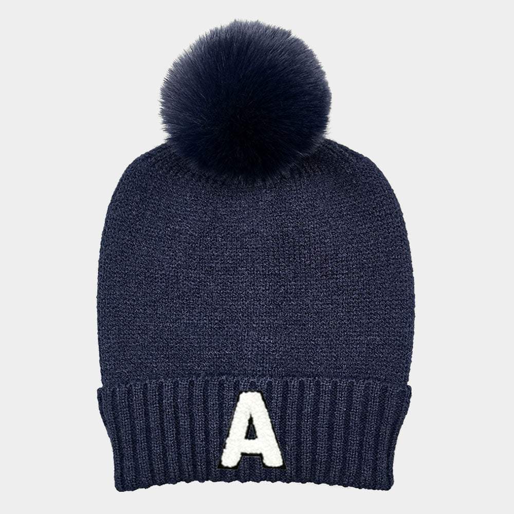 -A- Initial Monogram Faux Fur Pom Pom Knit Beanie Hat - Madeline Love - Flyclothing LLC