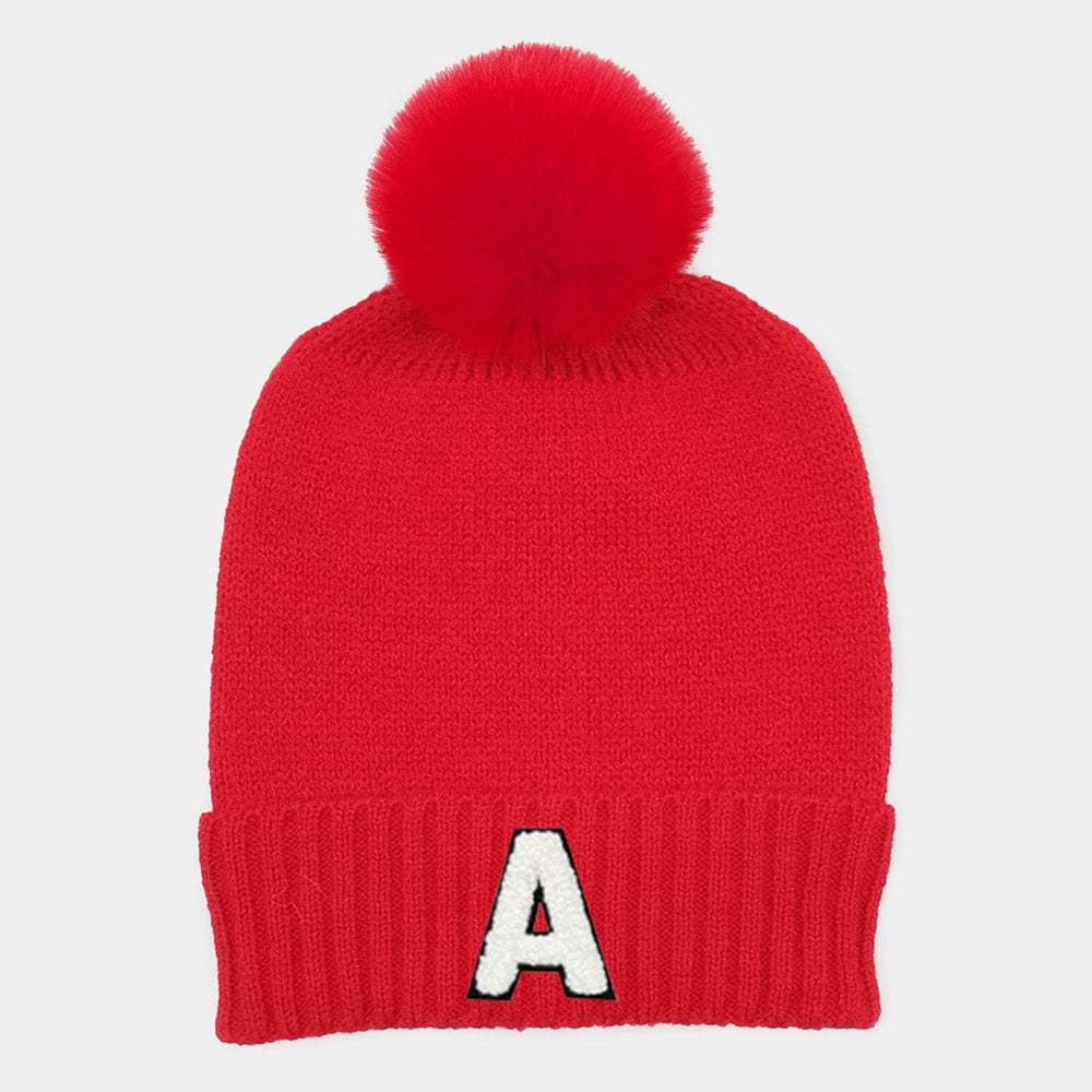 -A- Initial Monogram Faux Fur Pom Pom Knit Beanie Hat - Madeline Love - Flyclothing LLC