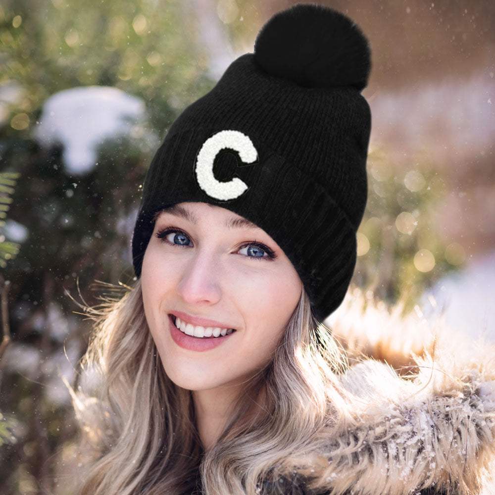 -C- Initial Monogram Faux Fur Pom Pom Knit Beanie Hat - Madeline Love - Flyclothing LLC