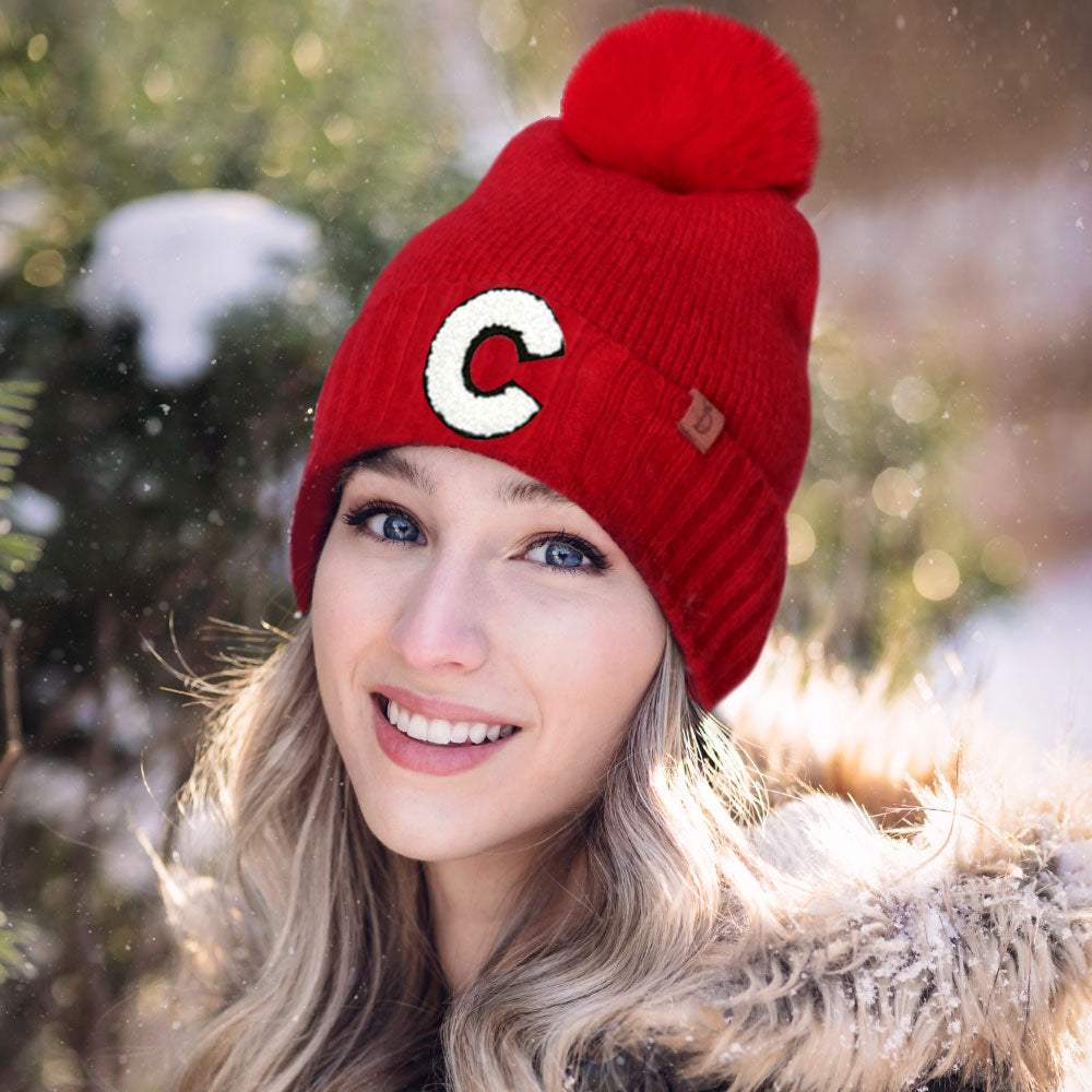 -C- Initial Monogram Faux Fur Pom Pom Knit Beanie Hat - Madeline Love - Flyclothing LLC