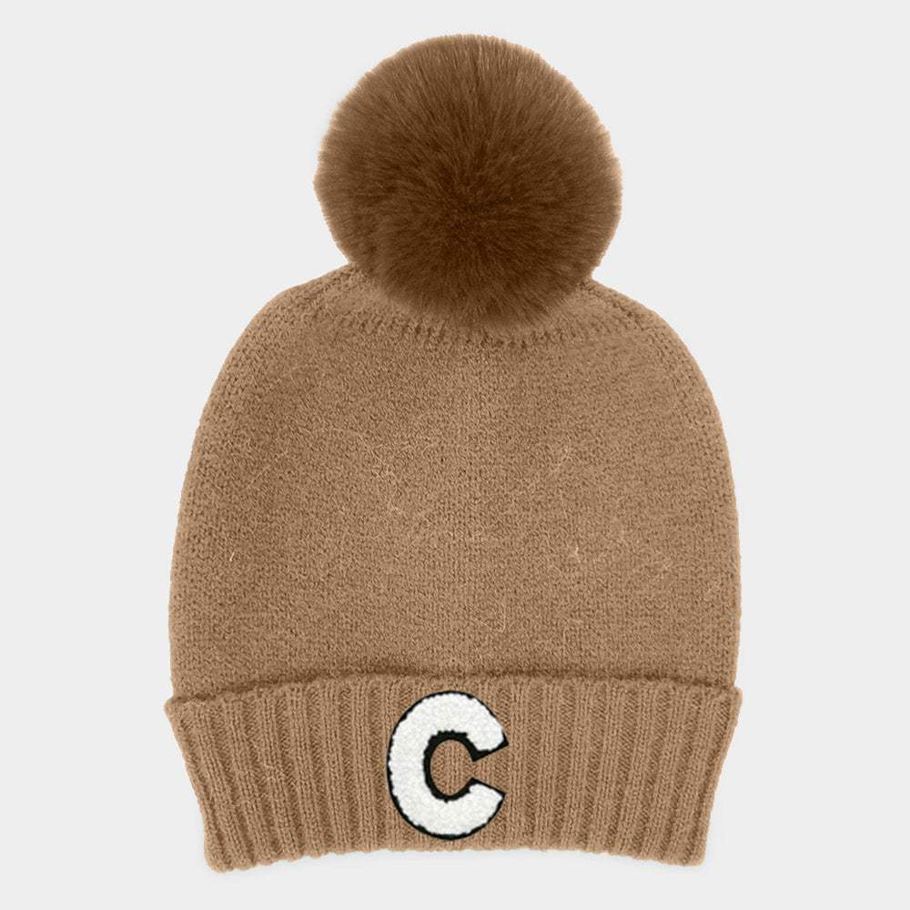 -C- Initial Monogram Faux Fur Pom Pom Knit Beanie Hat - Madeline Love - Flyclothing LLC