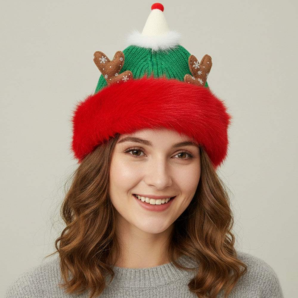 Fuzzy Fur Antlers Accent Christmas Knit Beanie Hat - Madeline Love - Flyclothing LLC