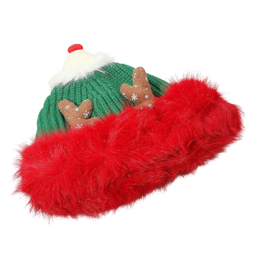 Fuzzy Fur Antlers Accent Christmas Knit Beanie Hat - Madeline Love - Flyclothing LLC