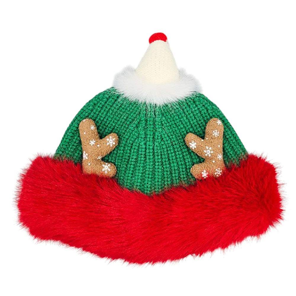 Fuzzy Fur Antlers Accent Christmas Knit Beanie Hat - Madeline Love - Flyclothing LLC