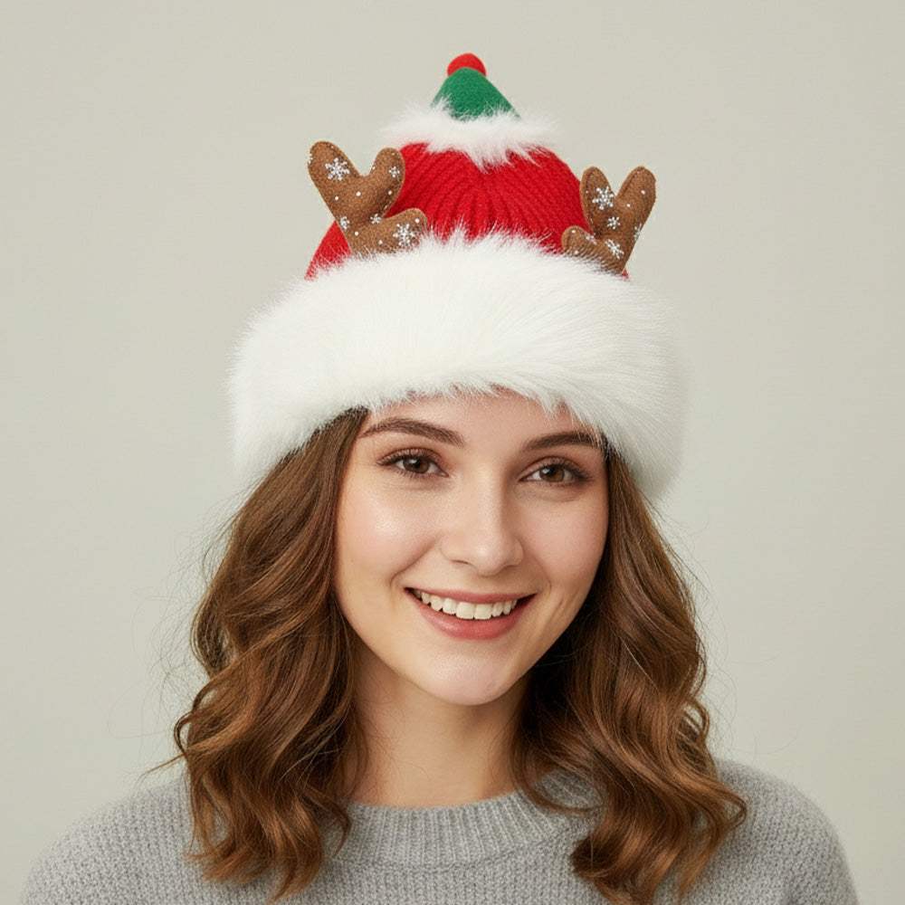 Fuzzy Fur Antlers Accent Christmas Knit Beanie Hat - Madeline Love - Flyclothing LLC