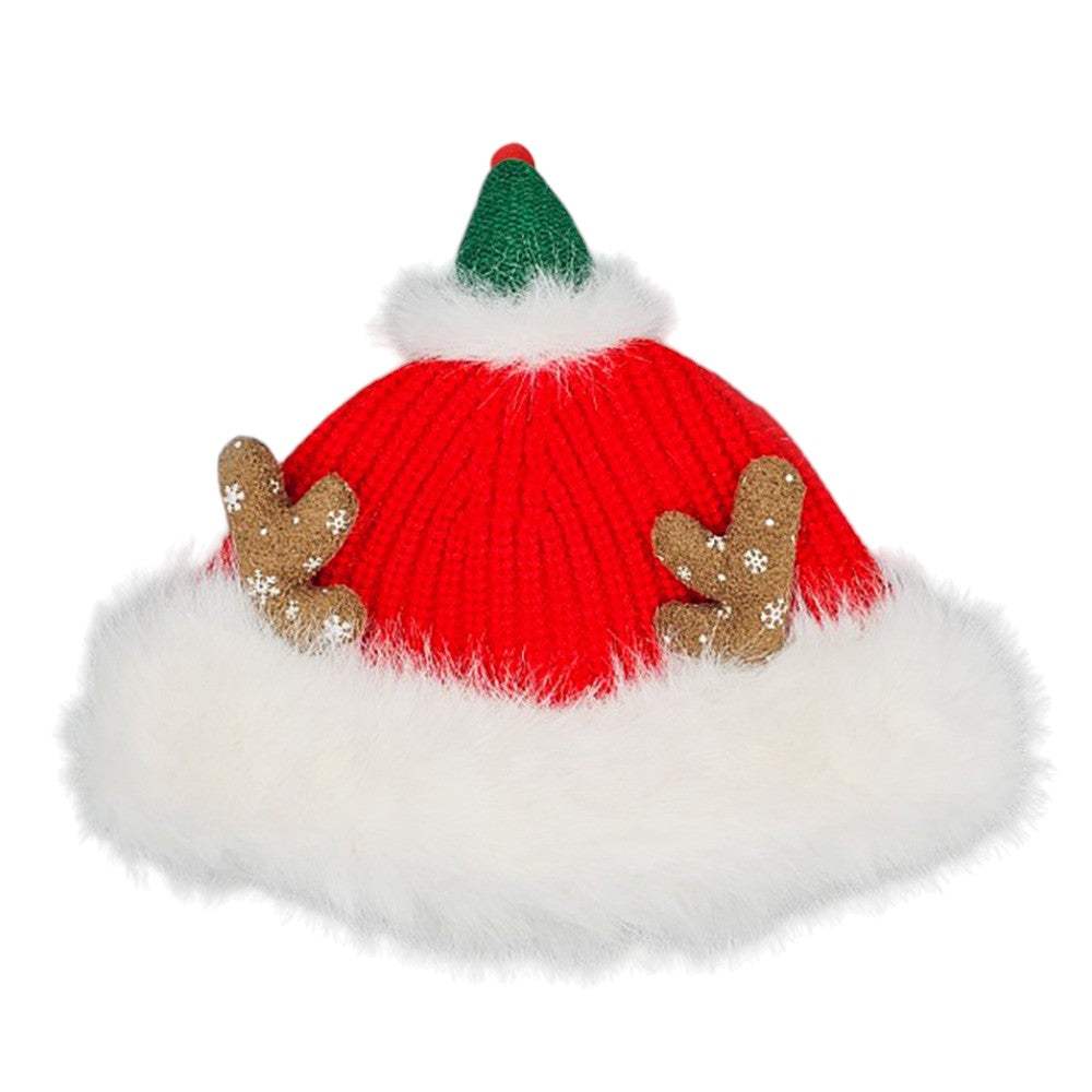 Fuzzy Fur Antlers Accent Christmas Knit Beanie Hat - Madeline Love - Flyclothing LLC