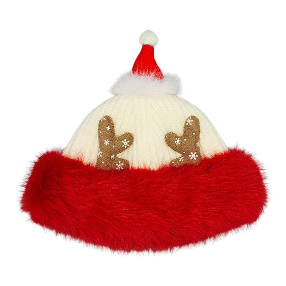 Fuzzy Fur Antlers Accent Christmas Knit Beanie Hat - Madeline Love - Flyclothing LLC