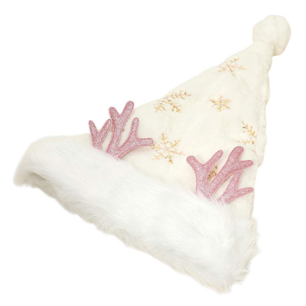 Fluffy Christmas Antler Accent Sequin Snowflake Pattern Santa Hat - Madeline Love - Flyclothing LLC