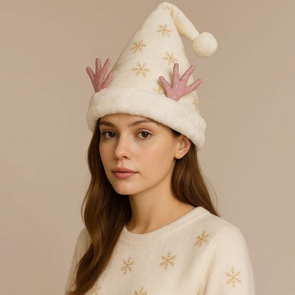 Fluffy Christmas Antler Accent Sequin Snowflake Pattern Santa Hat - Madeline Love - Flyclothing LLC