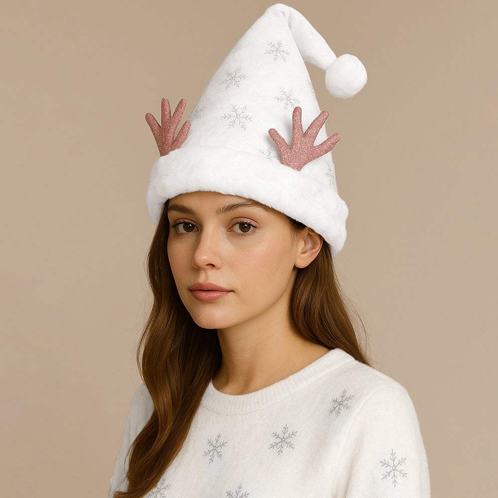 Fluffy Christmas Antler Accent Sequin Snowflake Pattern Santa Hat - Madeline Love - Flyclothing LLC