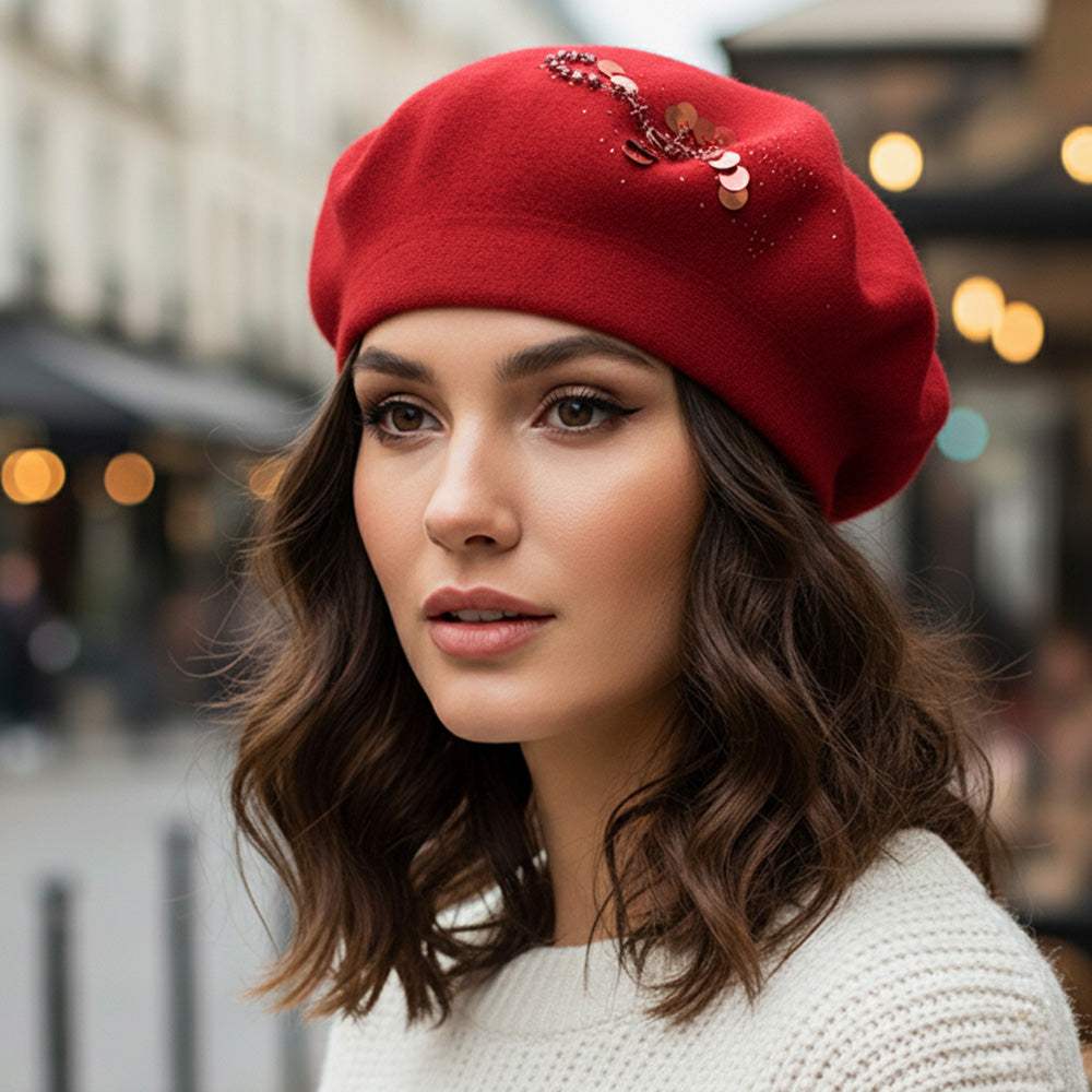 Decorative Sequin Rhinestone Embellished Winter Beret Hat - Madeline Love - Flyclothing LLC
