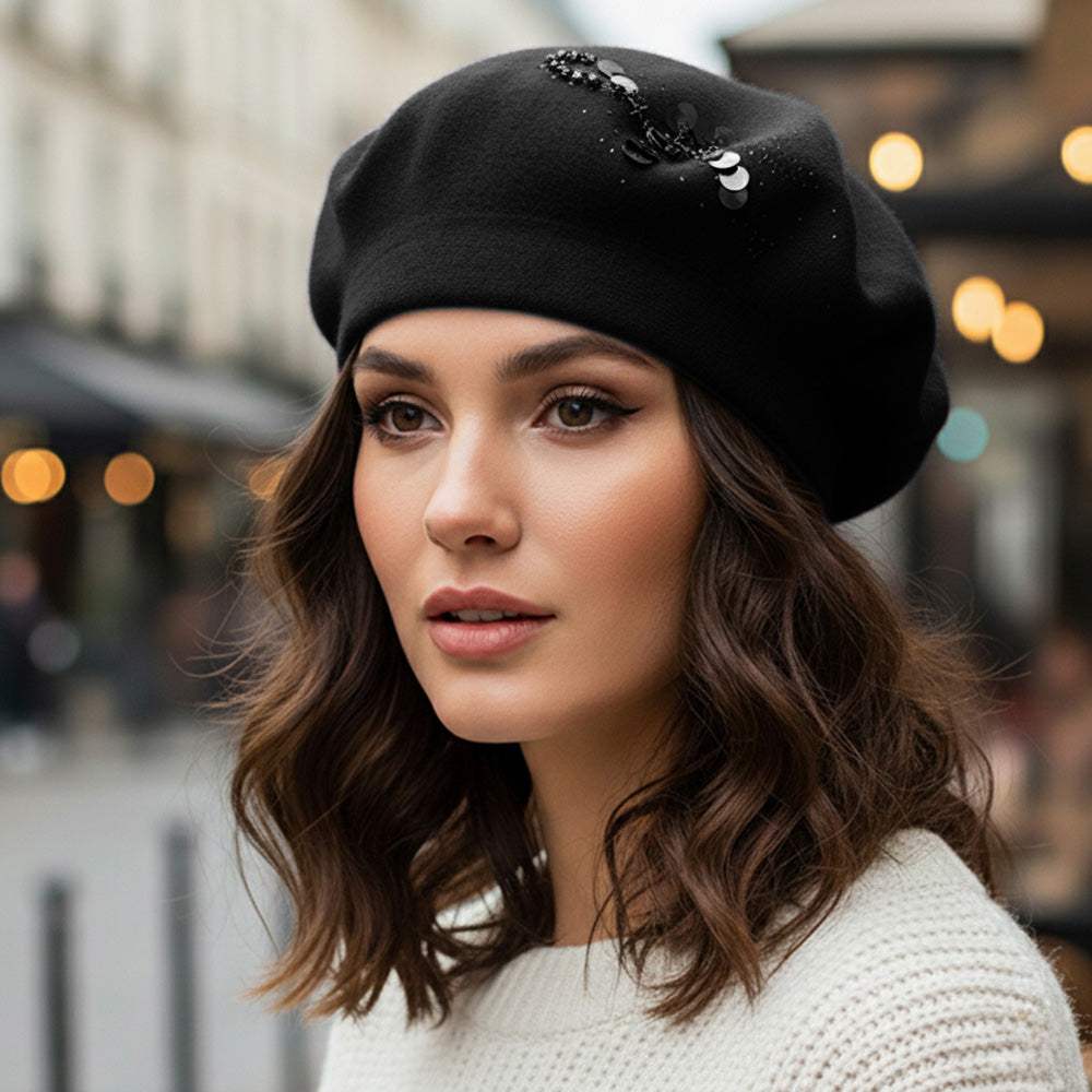 Decorative Sequin Rhinestone Embellished Winter Beret Hat - Madeline Love - Flyclothing LLC