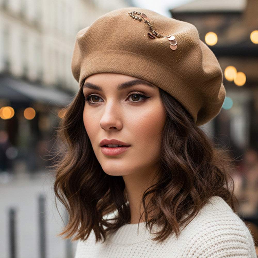 Decorative Sequin Rhinestone Embellished Winter Beret Hat - Madeline Love - Flyclothing LLC