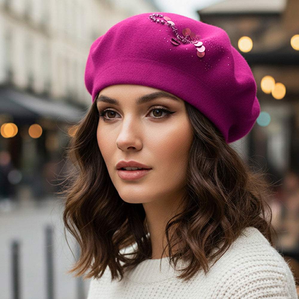 Decorative Sequin Rhinestone Embellished Winter Beret Hat - Madeline Love - Flyclothing LLC
