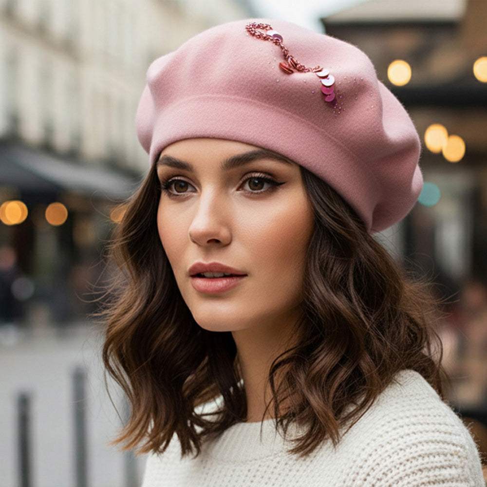 Decorative Sequin Rhinestone Embellished Winter Beret Hat - Madeline Love - Flyclothing LLC