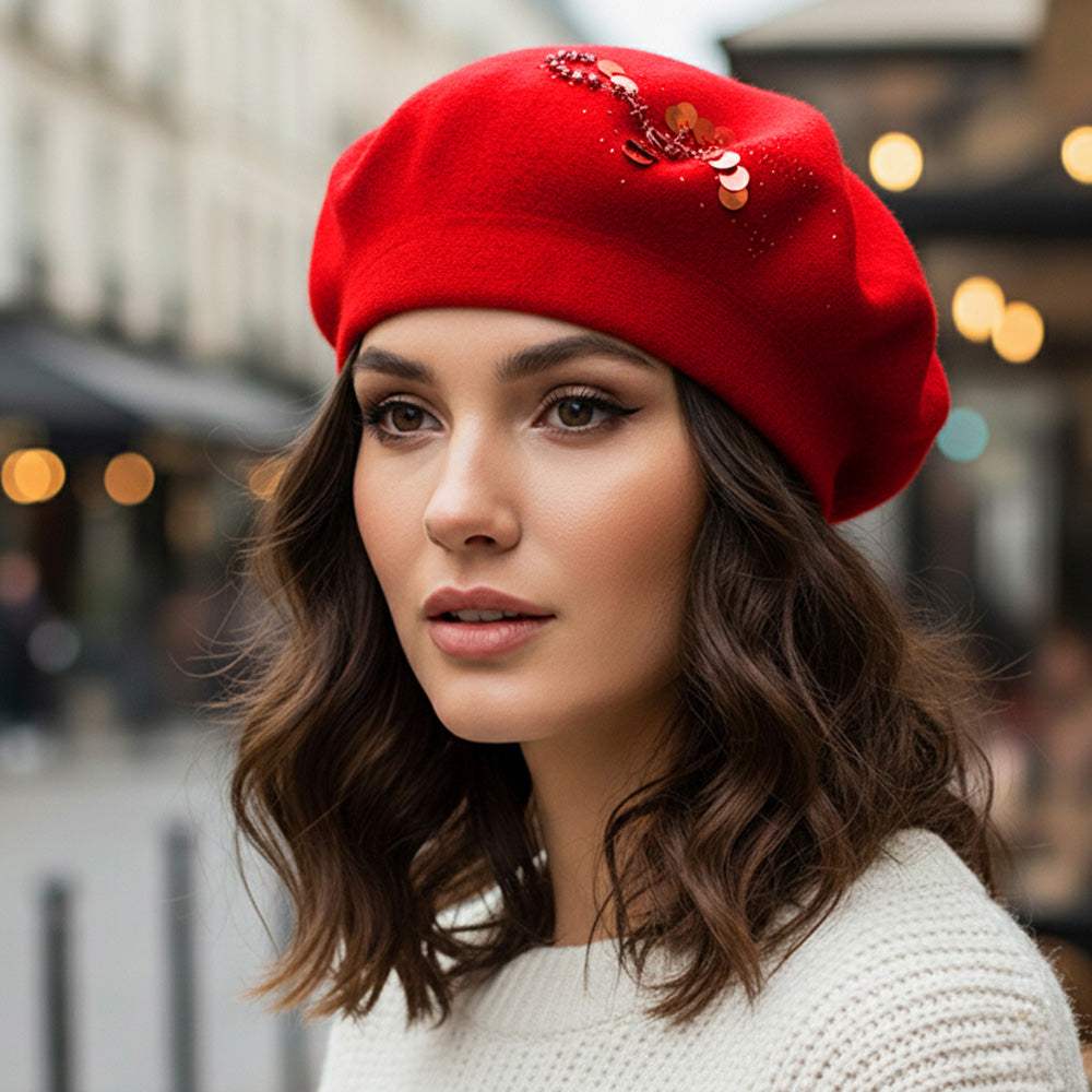 Decorative Sequin Rhinestone Embellished Winter Beret Hat - Madeline Love - Flyclothing LLC