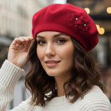 Floral Applique Accent Winter Beret Hat - Madeline Love - Flyclothing LLC