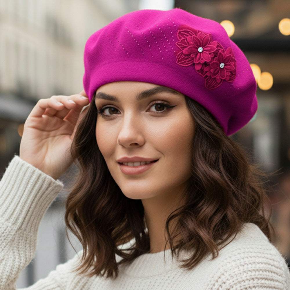 Floral Applique Accent Winter Beret Hat - Madeline Love - Flyclothing LLC