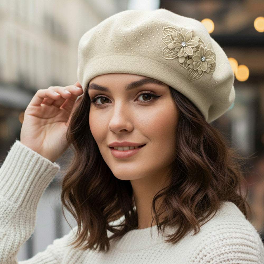 Floral Applique Accent Winter Beret Hat - Madeline Love - Flyclothing LLC
