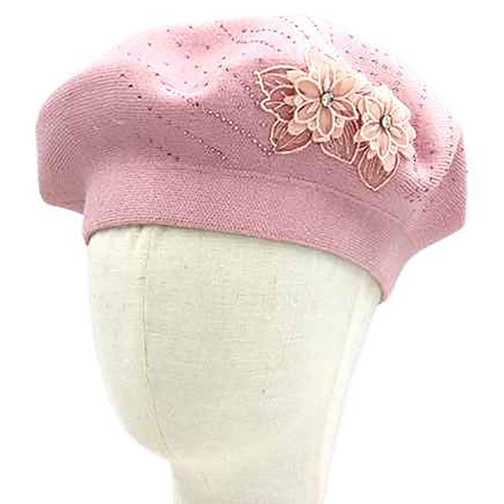 Floral Applique Accent Winter Beret Hat - Madeline Love - Flyclothing LLC