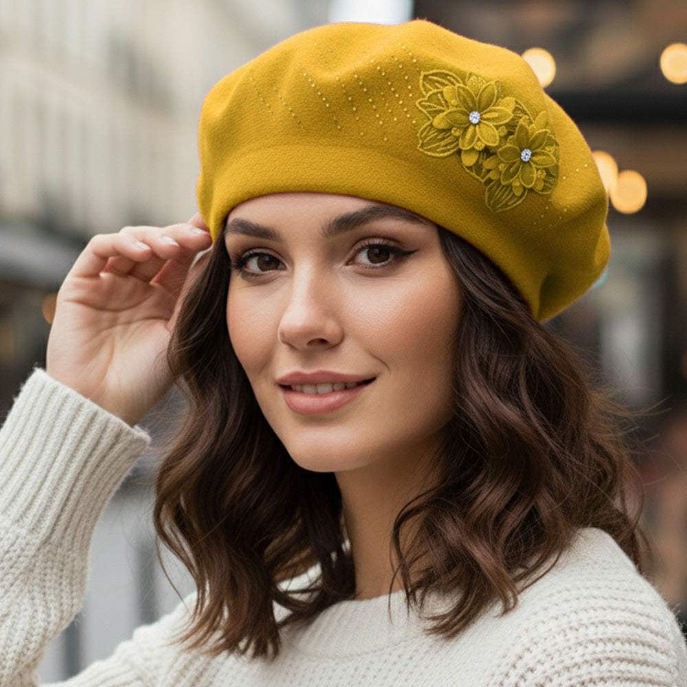 Floral Applique Accent Winter Beret Hat - Madeline Love - Flyclothing LLC