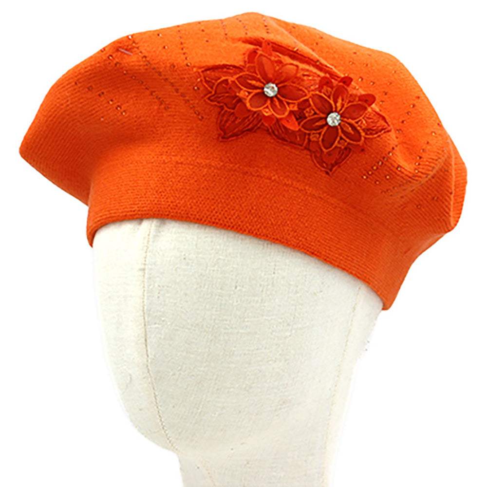 Floral Applique Accent Winter Beret Hat - Madeline Love - Flyclothing LLC