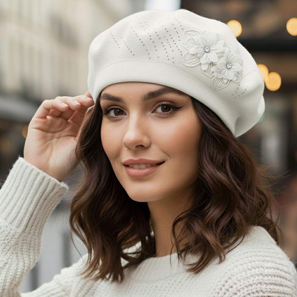 Floral Applique Accent Winter Beret Hat - Madeline Love - Flyclothing LLC