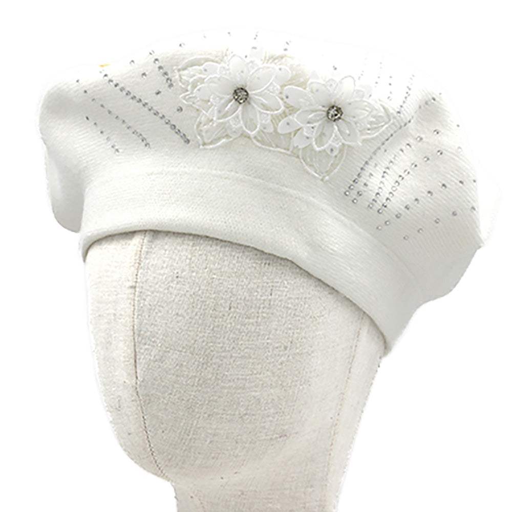 Floral Applique Accent Winter Beret Hat - Madeline Love - Flyclothing LLC