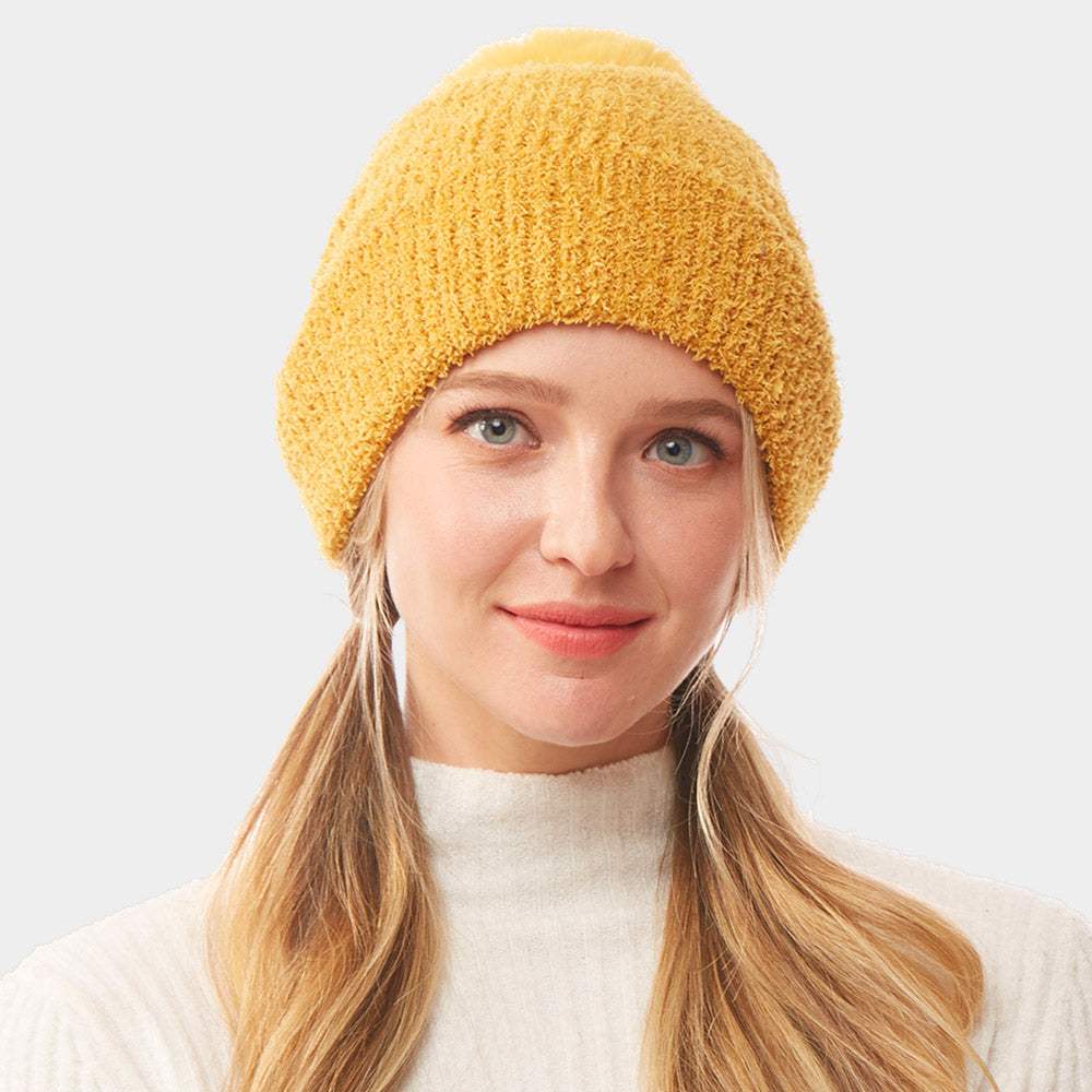 Solid Pom Pom Soft Fluffy Beanie Hat - Madeline Love - Flyclothing LLC